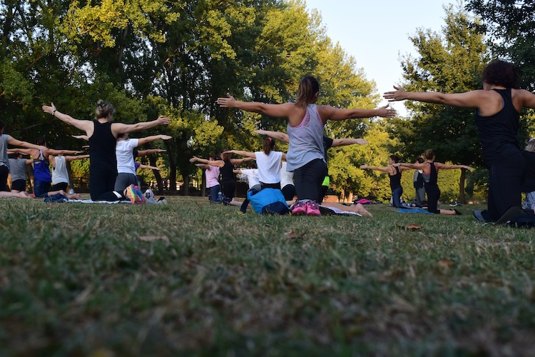 people practicing yoga outdoors