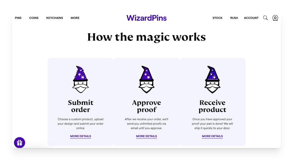 ordering process on the wizardpins site