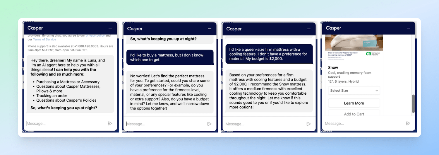 casper luna chatbot mattress recommendation