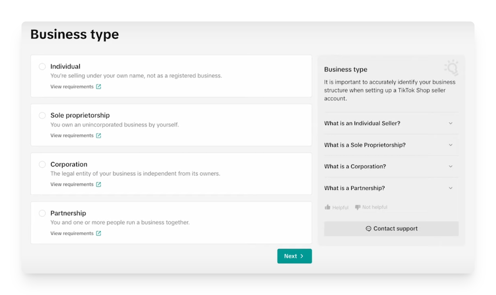 choose business type for tiktok shop