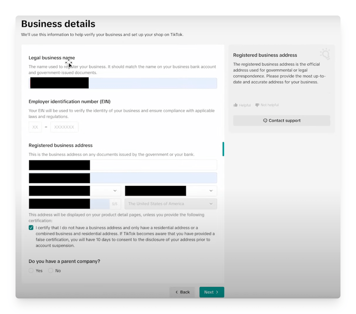 provide business details for tiktok shop