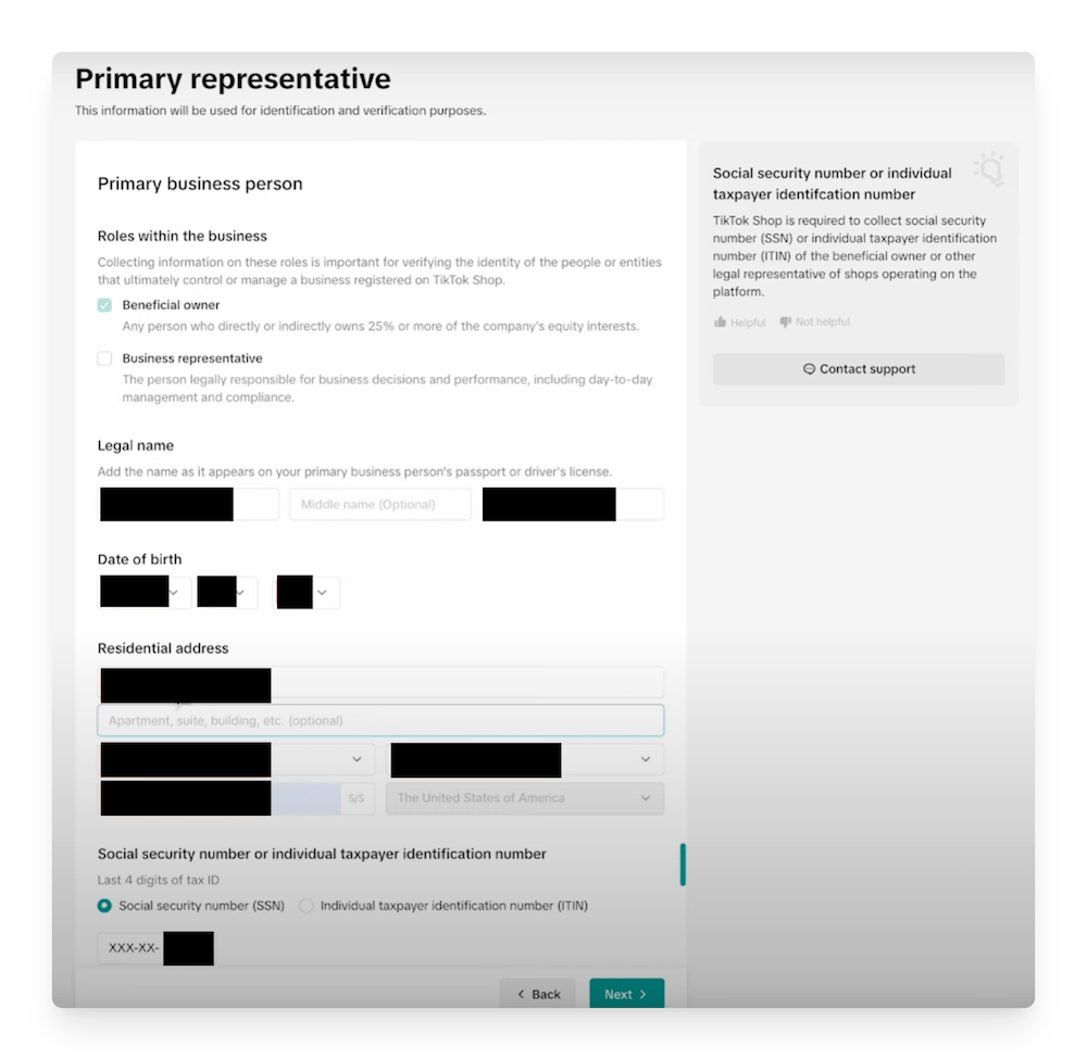 provide primary representative information for tiktok shop