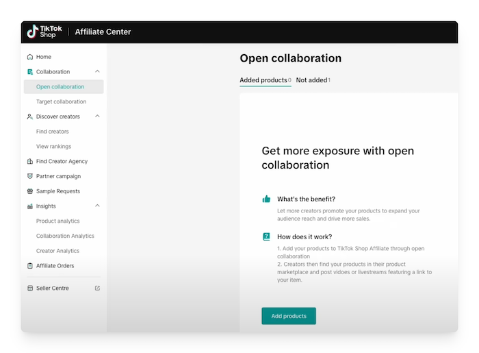 open collaboration option in the affiliate center on tiktok shop