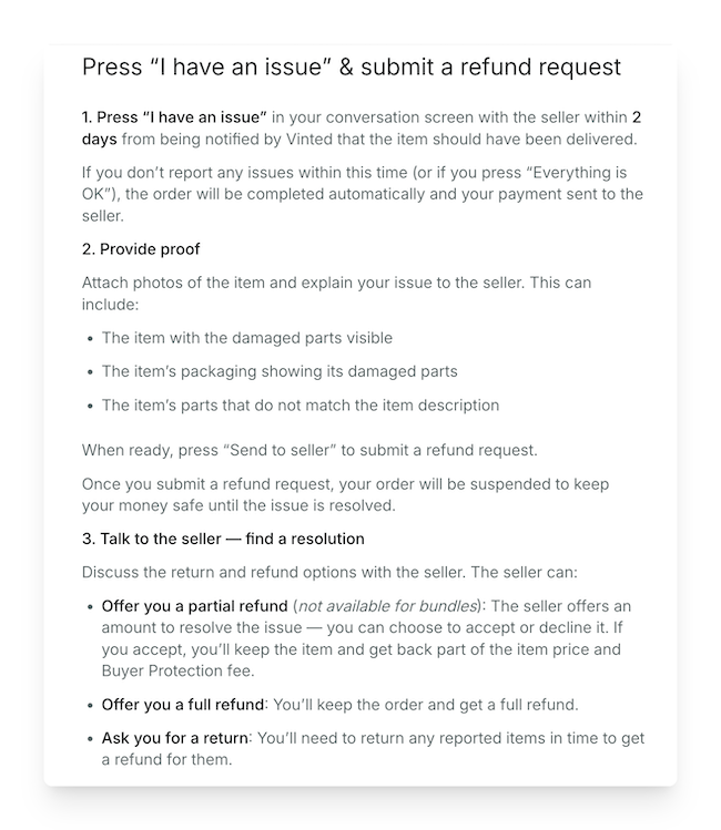 vinted support submit refund request