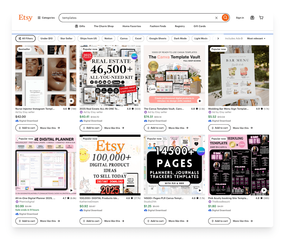 templates for sale on etsy