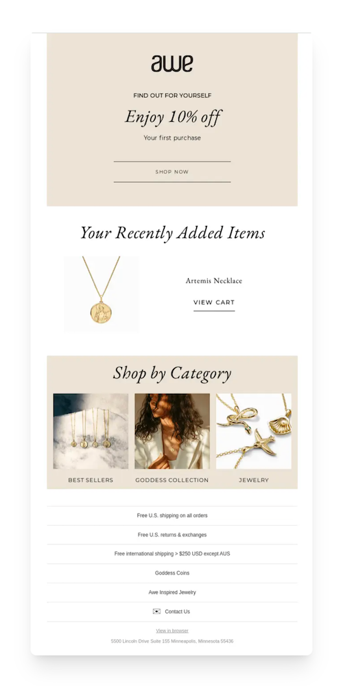 awe abandoned cart email reminder
