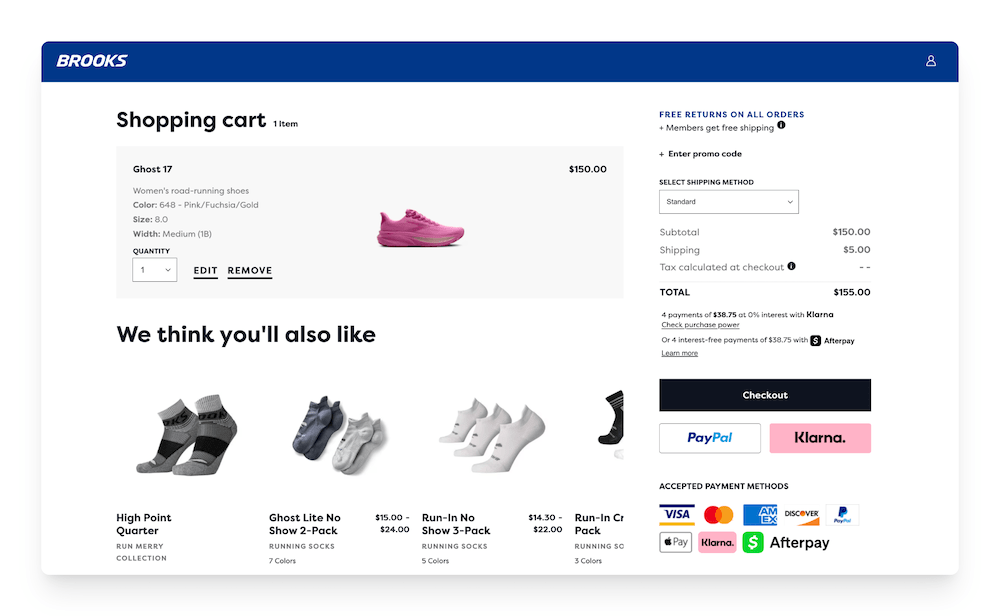 shopping cart on the brooks running website