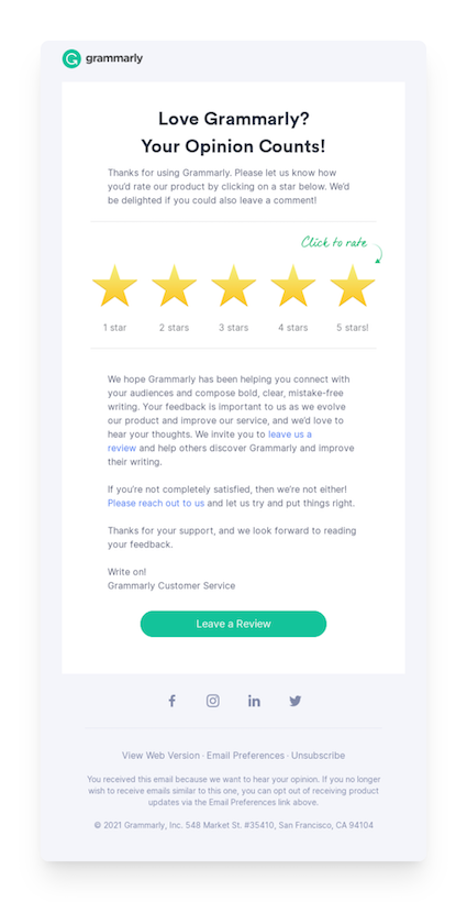 rating request in grammarly email