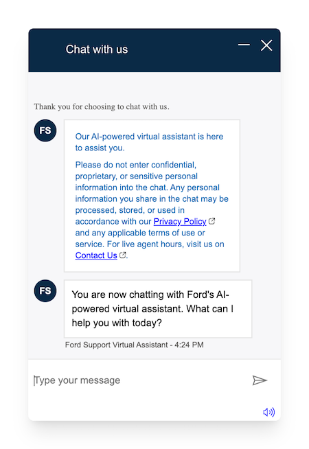 chatbot on ford website