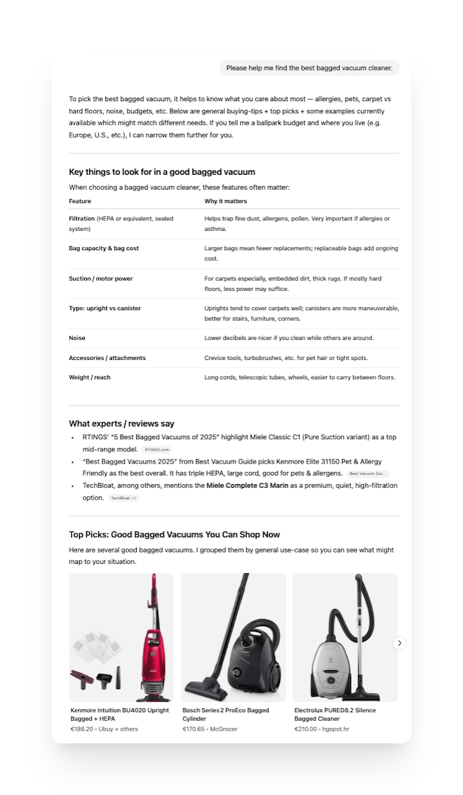 product search for bagged vacuum cleaner on chatgpt