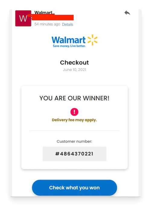 Example of a scam email pretending to be from Walmart