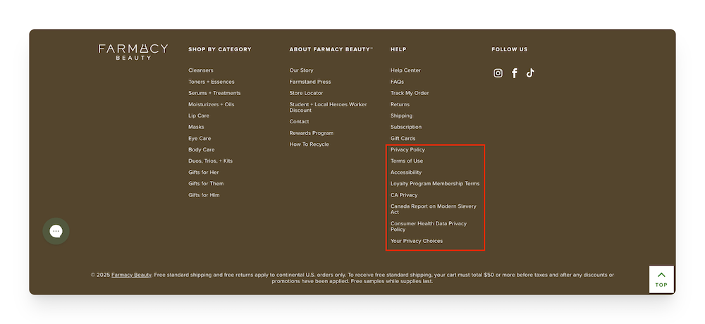 footer on the Farmacy Beauty website