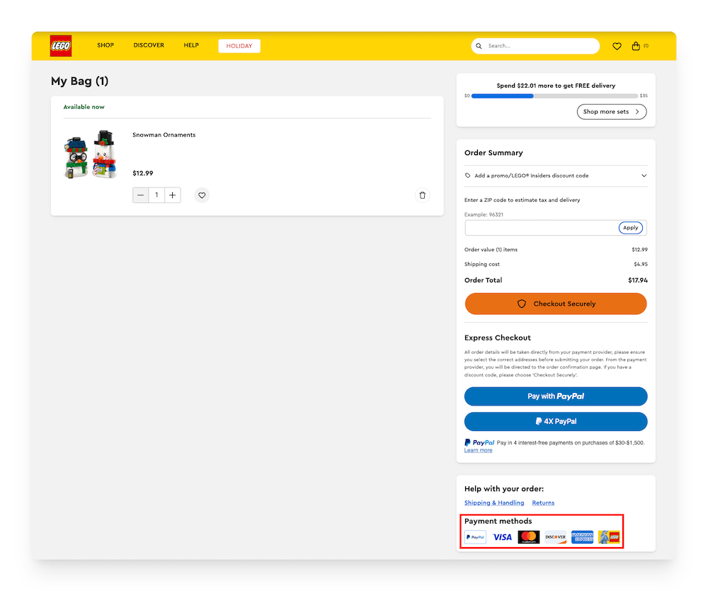 payment methods on LEGO website