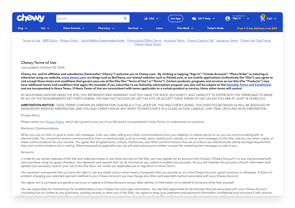 terms of use on the Chewy website