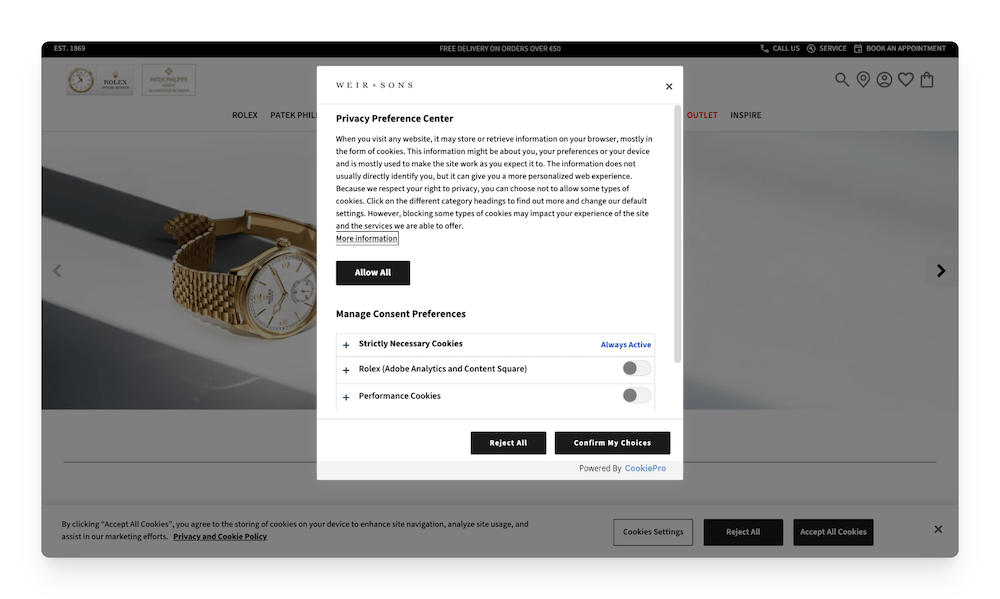 cookie policy on the Weir and Sons website