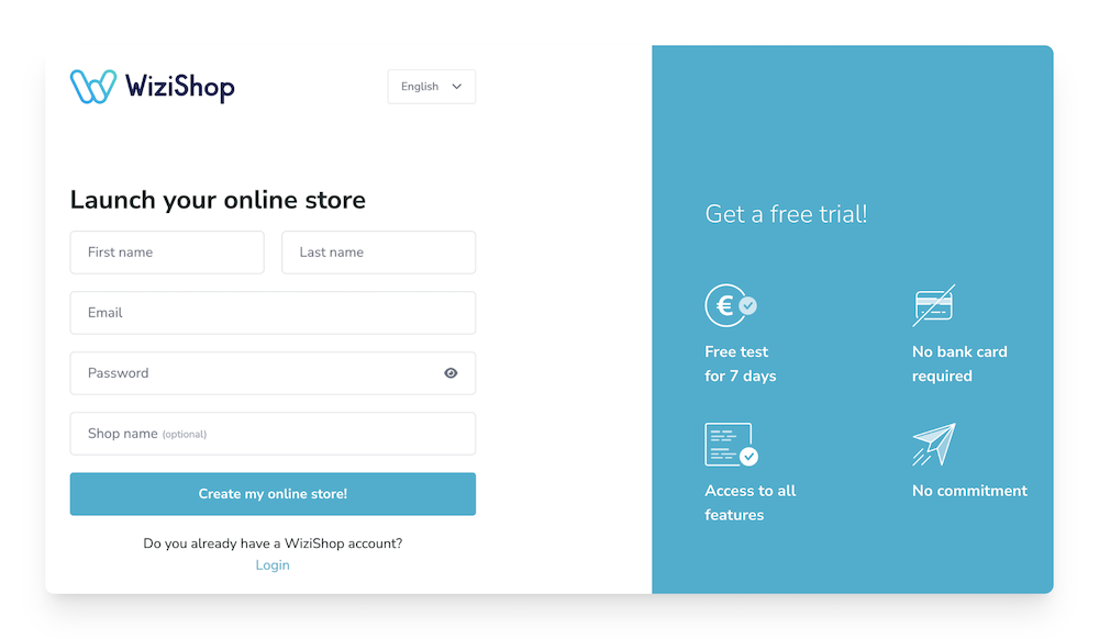 WiziShop signup page