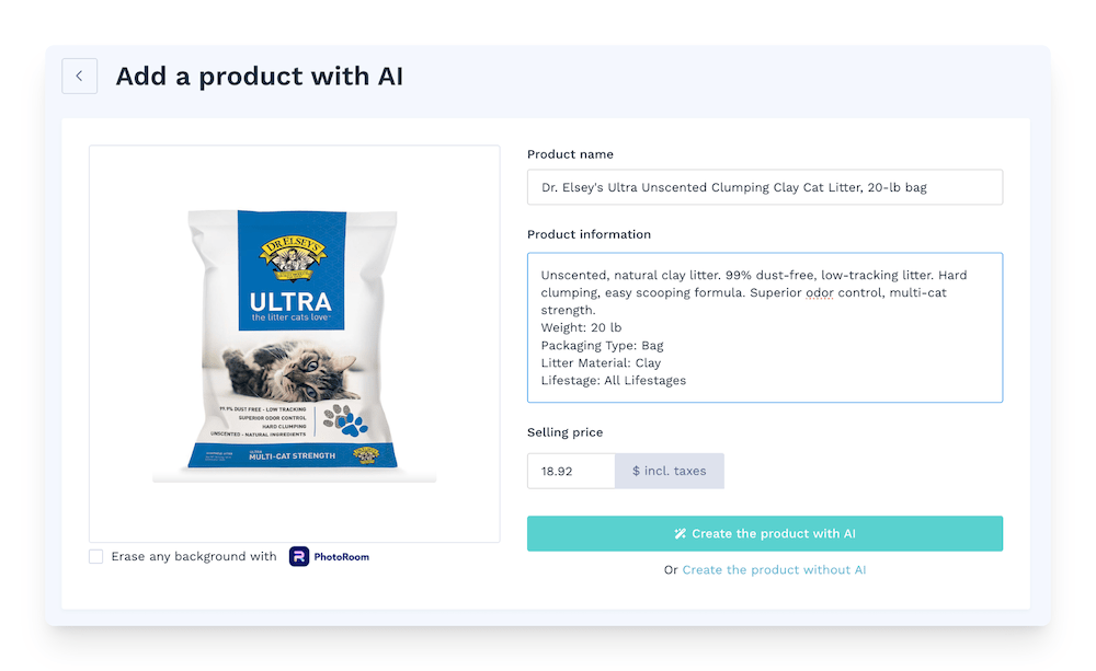 Add product Dr. Elsey's Cat Litter in WiziShop back office