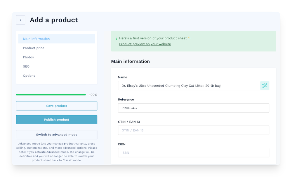 first version of product listing in WiziShop back office