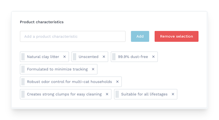 product characteristics for cat litter in WiziShop admin