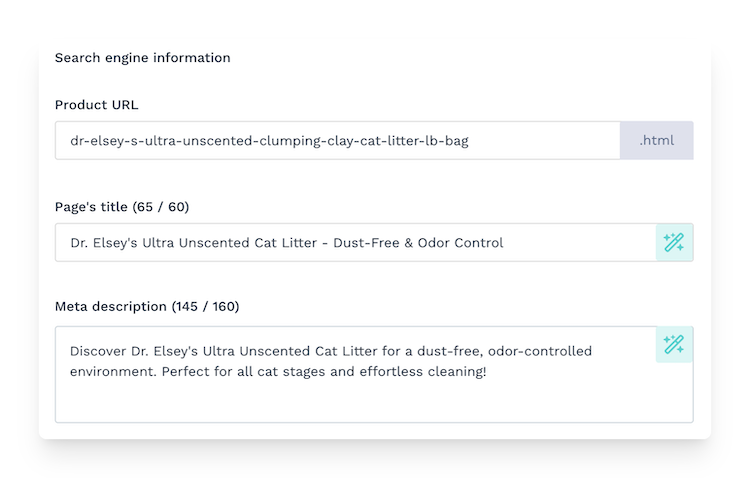 search engine information section in WiziShop back office