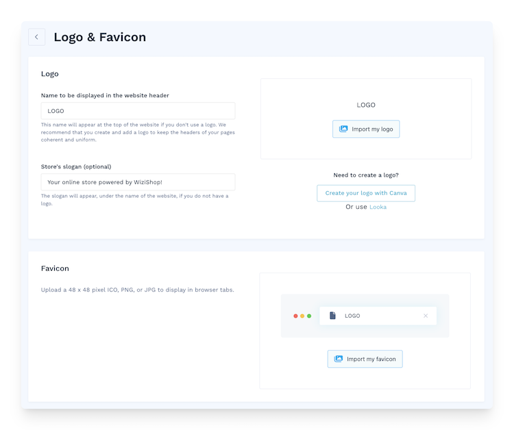select logo and favicon in WiziShop back office