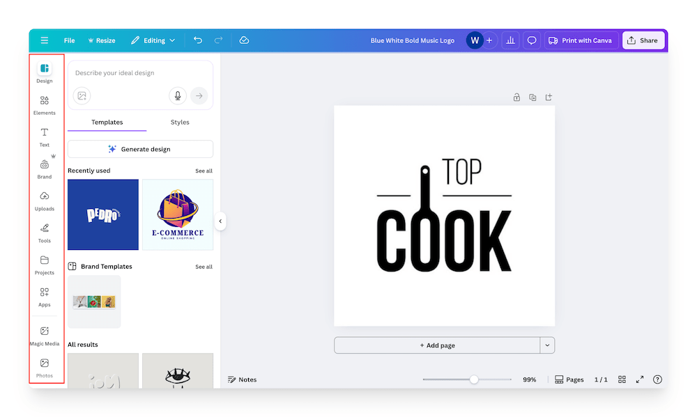 editing menu on Canva