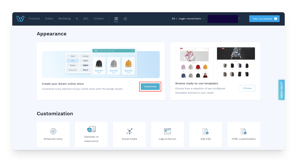 customize website appearance in WiziShop back office
