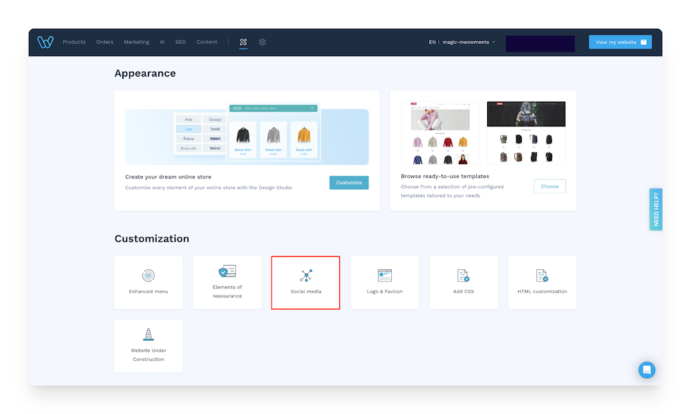 social media section in WiziShop admin