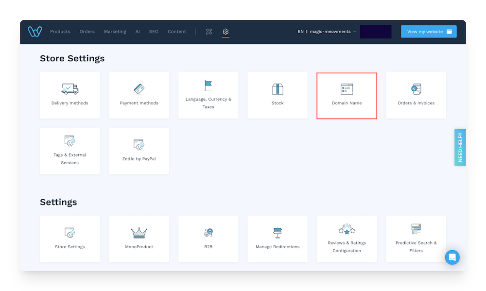 Domain Name in store settings in Wizishop admin