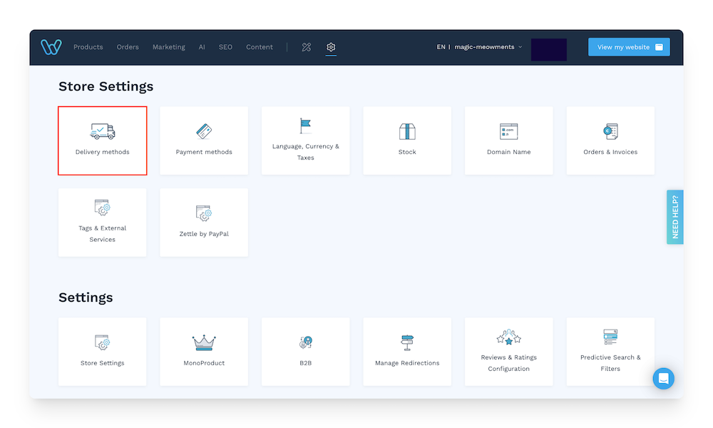 delivery methods in store settings in WiziShop admin