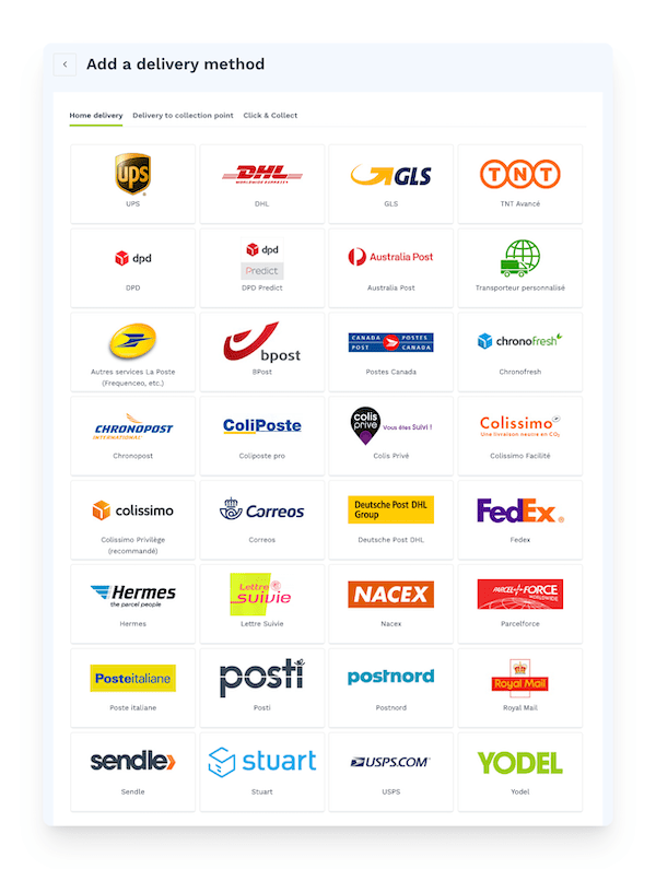 delivery methods in WiziShop back office