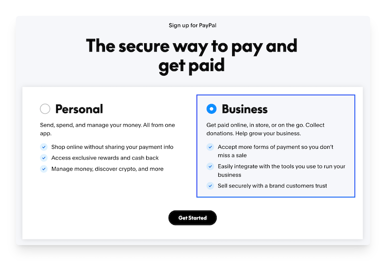 selecting a Business account on PayPal