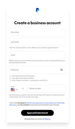 creating a Business account on PayPal