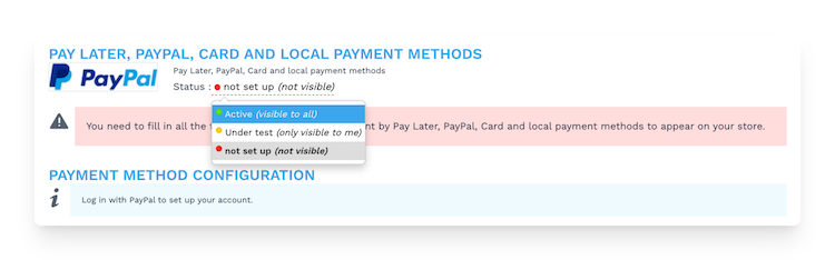 changing the status when setting up PayPal on WiziShop