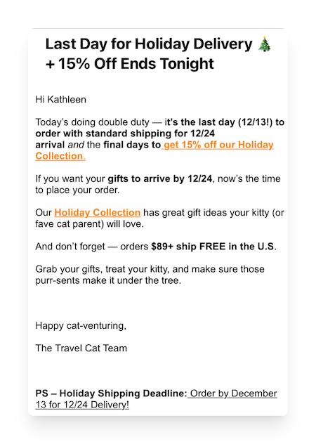 Travel Cat email mentioning shipping deadline for the holidays