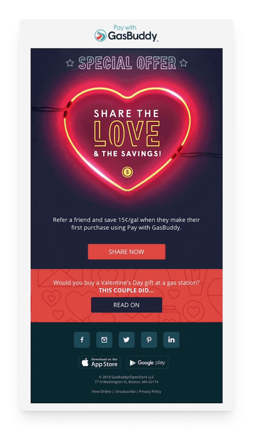 Valentine's Day email from GasBuddy
