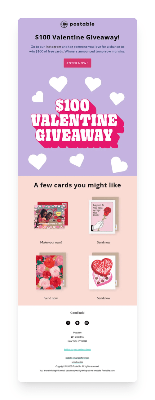 Valentine's Day email from Postable