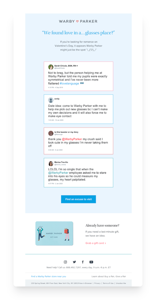 Valentine's Day email from Warby Parker