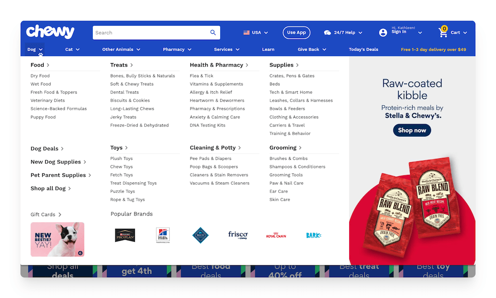 menu on the Chewy website