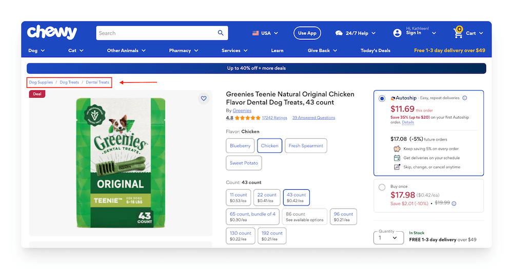 website breadcrumbs on Chewy site