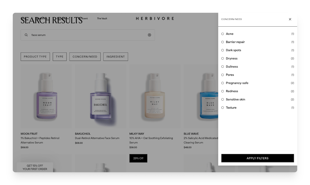 search filters on the Herbivore Botanicals website