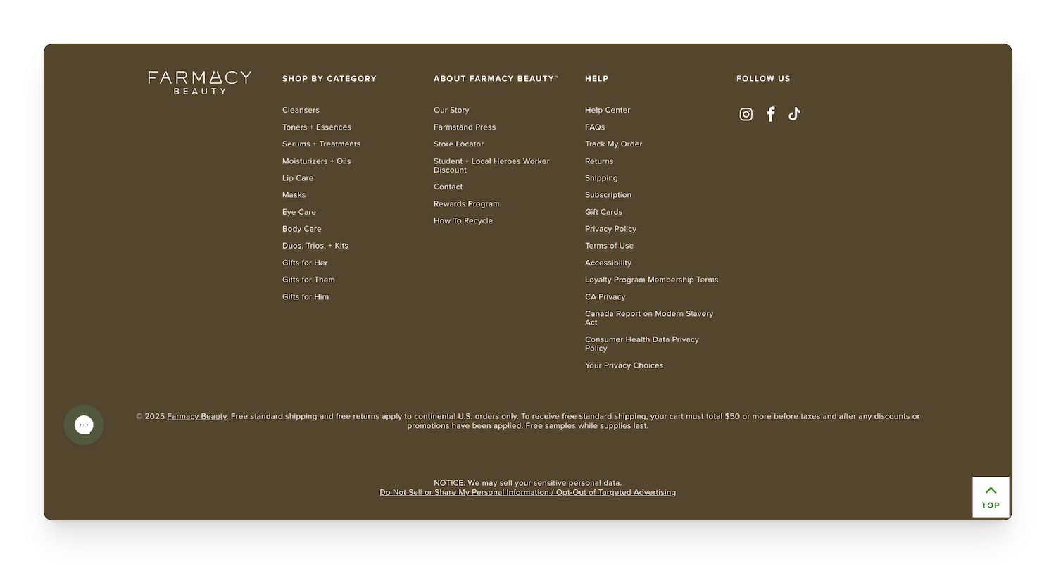 Farmacy Beauty website footer