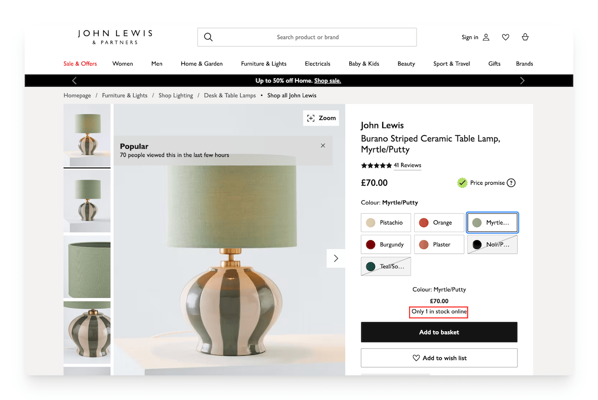 stock level information on John Lewis website