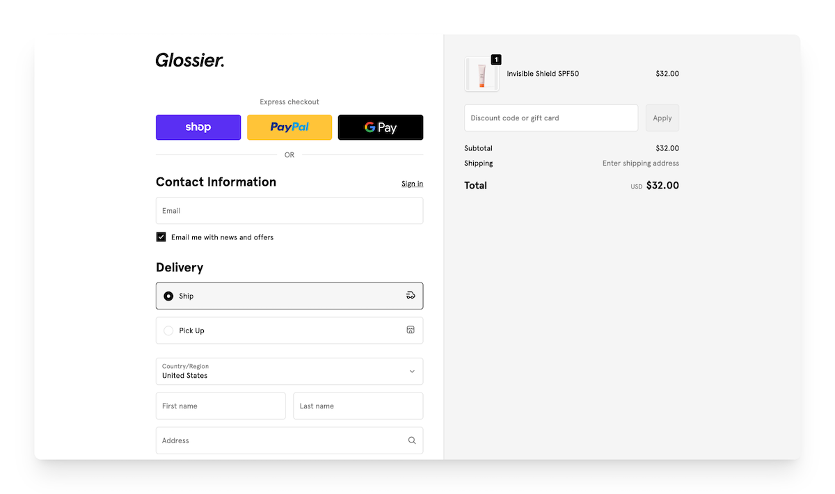 Glossier checkout page