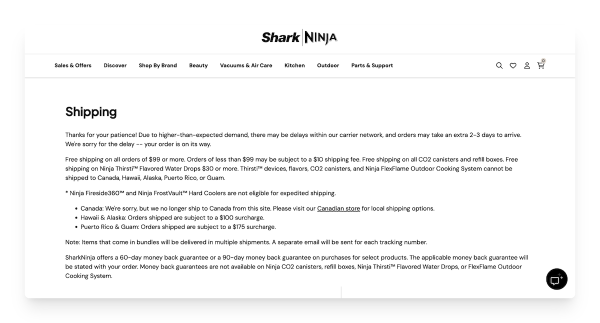 shipping and returns on the Shark / Ninja site