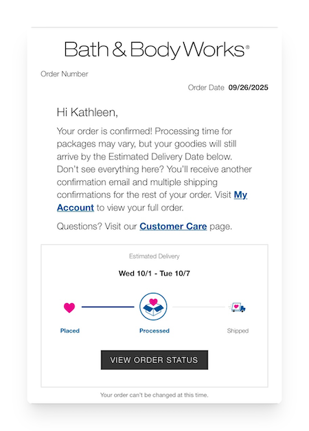 order confirmation from Bath & Body Works