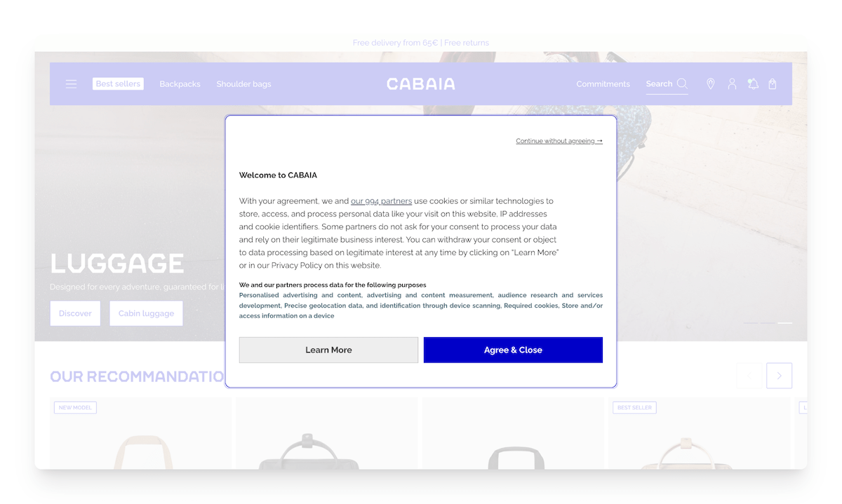 privacy message on the Cabaia site