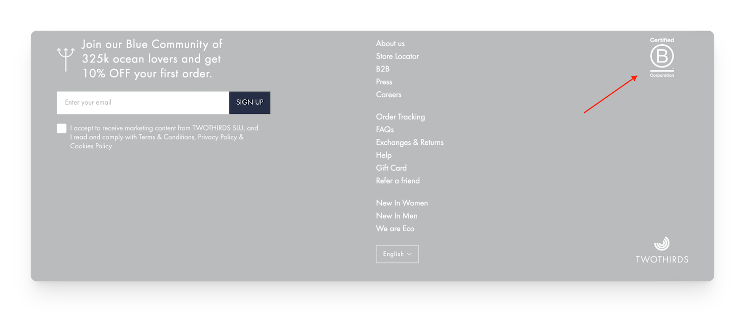 B Corp Certification on the Twothirds site