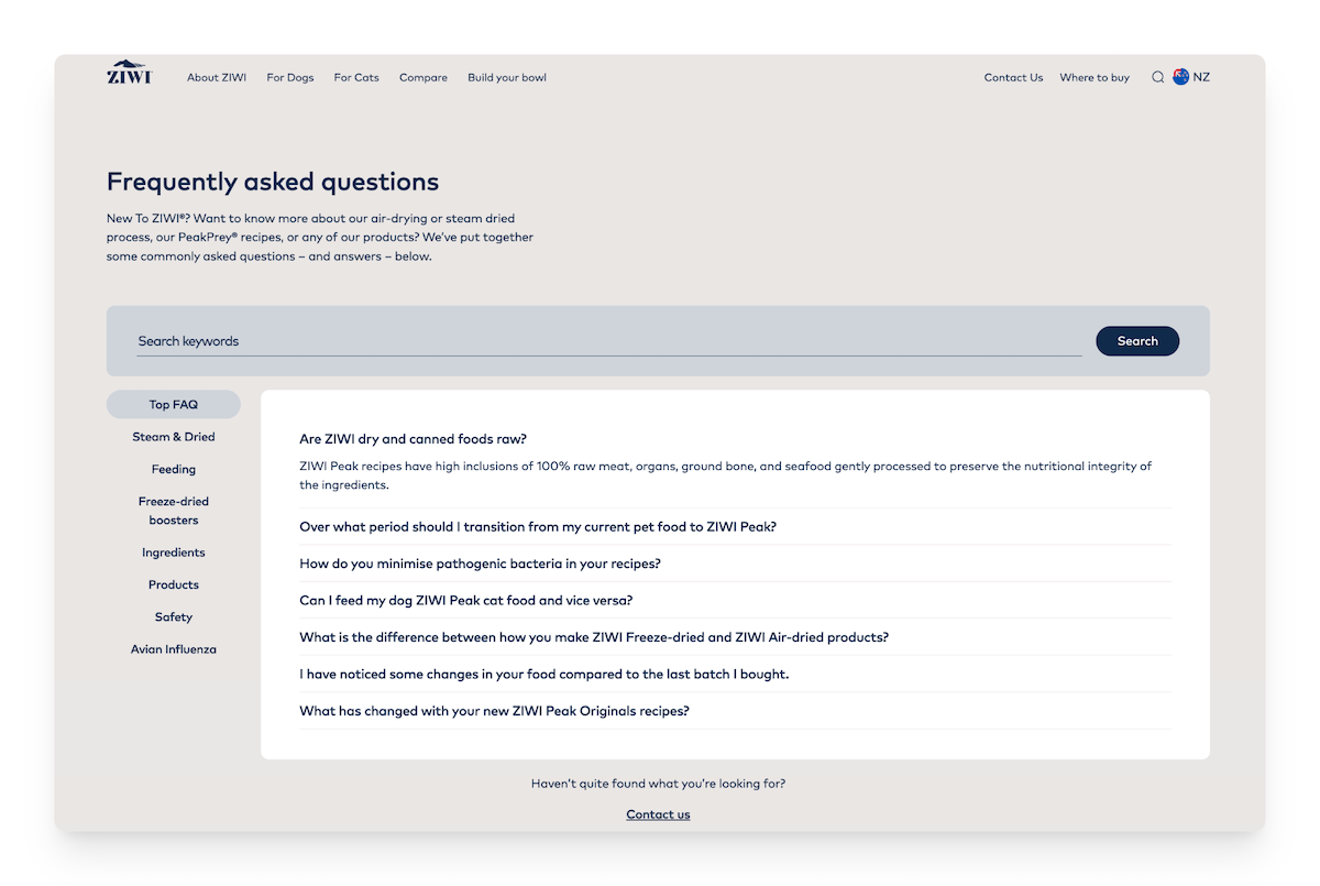 FAQ section on the ZIWI site