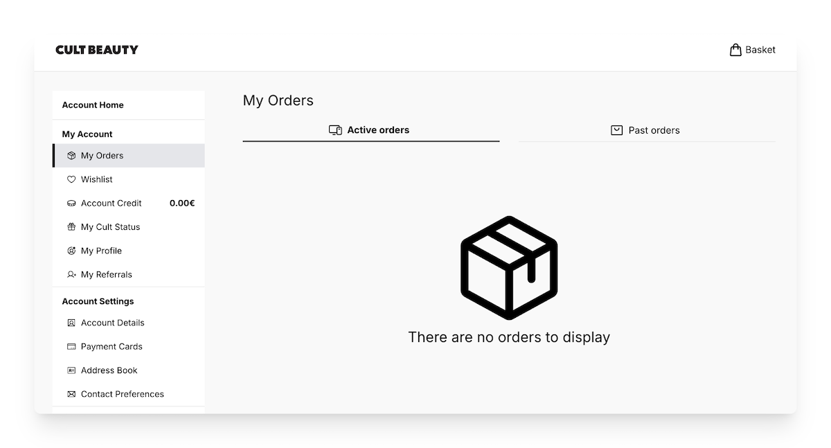 account area on Cult Beauty website